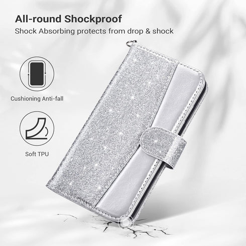 ULAK Wallet Case for iPhone 14 Plus, Card Holder, Flip Case for Women, PU Leather Kickstand, Shockproof, Silver