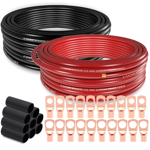 8 Gauge Wire (25ft Each - Red/Black), Copper Clad Aluminum CCA, Car Amplifier Power & Ground Cable