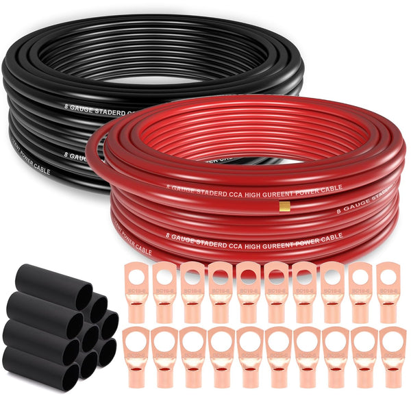 8 Gauge Wire (25ft Each - Red/Black), Copper Clad Aluminum CCA, Car Amplifier Power & Ground Cable