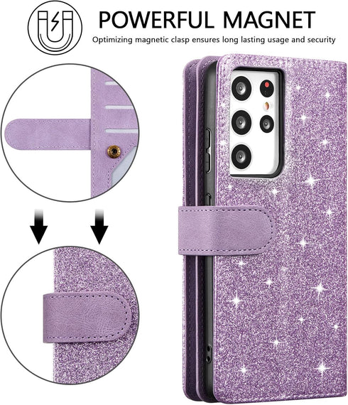 UEEBAI Wallet Case for Samsung Galaxy S21 Ultra 5G, Retro 9 Card Holder Slots, Zipper Pocket, Glitter Purple