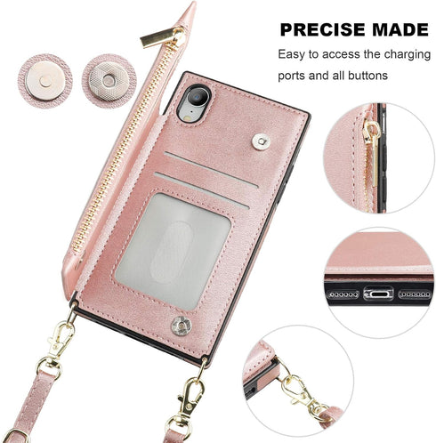 Bocasal Crossbody Wallet Case for iPhone Xr - Zipper Card Slot Protector with Removable Strap (Rose Gold)