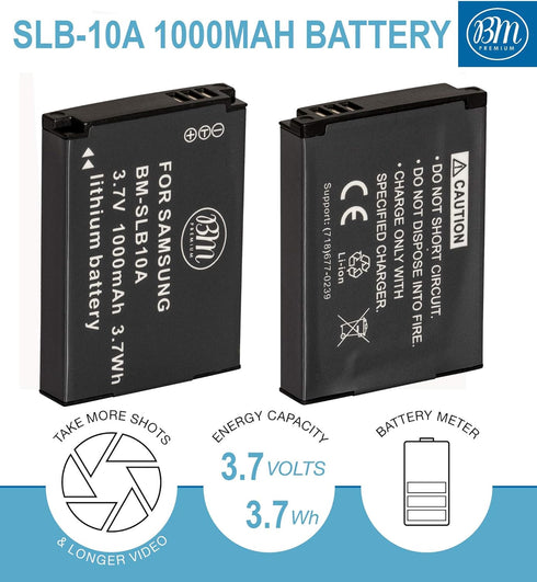 SLB-10A Battery and Charger for Samsung EX2F, HZ15W, SL202, SL420, SL620, WB150F, WB250F, WB350F Digital Camera