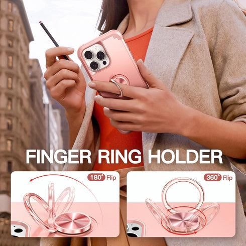 IDweel iPhone 14 Pro Max Case - Rose Gold, 2-in-1 Shockproof, Screen Protector, 360° Ring Holder, Camera Lens Protector.