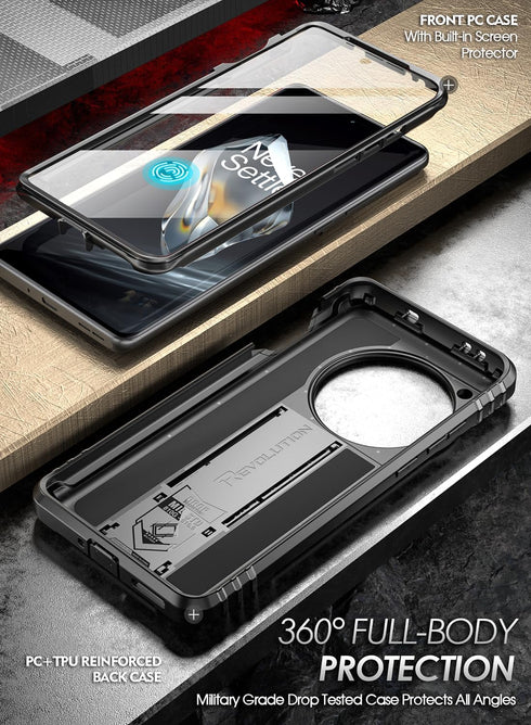 Poetic Revolution Case for OnePlus 12 5G (2024) - Rugged, Shockproof, Built-in Screen Protector, Kickstand, Black.