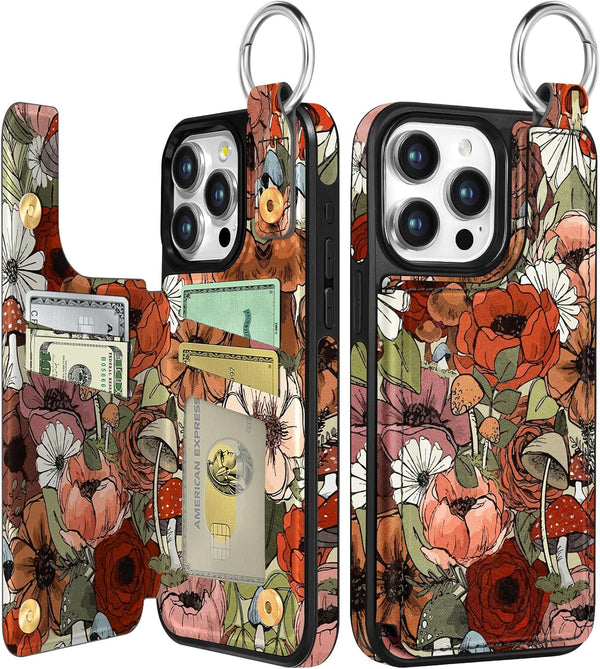 Shorogyt Wallet Case for iPhone 13 Pro, Card Holder, Designer Mushroom Flower Pattern, Magnetic Clasp Flip Folio