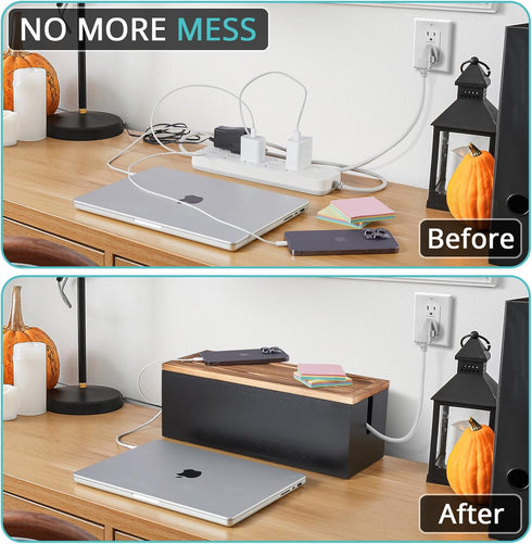 Large Cable Management Box, Wooden Cord Organizer for Under Desk, Hides Extension Cords, Power Stripes, Black
