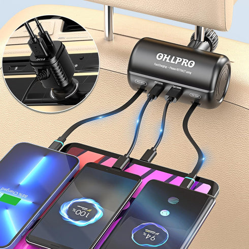 OHLPRO Multi-Car Retractable Backseat Charging Station, 110W Fast Car Charger Adapter for All Phones,