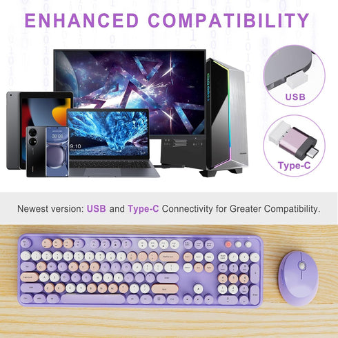 Wireless Keyboard and Mouse Combo, Ergonomic Full Size Typewriter Retro Round Keycaps, Compatible with Windows (Purple)