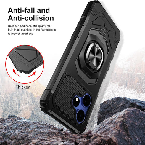 TJS Heavy Duty Celero 5G + Plus 2024 Case with Tempered Glass Screen Protector, Metal Ring Kickstand - Black