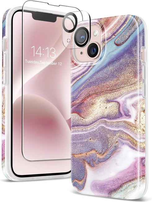 GVIEWIN Marble Case for iPhone 13, with Screen Protector & Camera Lens Protector, 10FT Military Grade Drop Protection