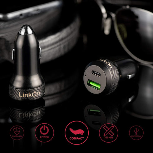 LinkOn 45W Car Charger with 27W USB-C PD3.0 & 18W USB-A QC3.0 for iPhone Xs/Max/XR/X, iPad, Samsung Galaxy, Pixel,