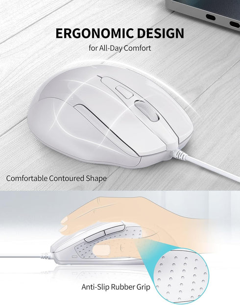 TECKNET USB Wired Mouse, 6-Button Corded Mouse with 4 Adjustable DPI, Ergonomic Design for Laptop, PC, Mac (LT.White)