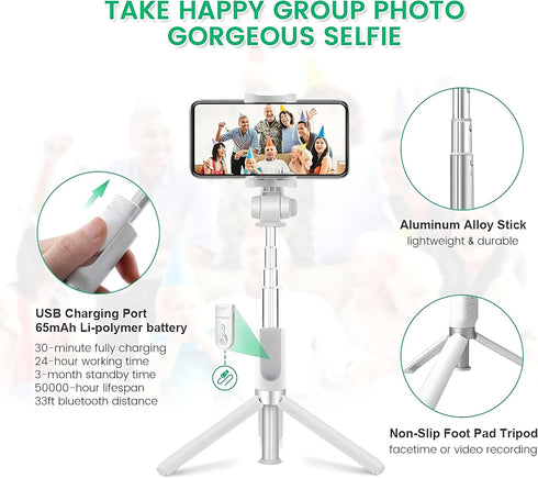 Selfie Stick Tripod with Wireless Remote - Extendable Adjustable Stand for Apple iPhone, Samsung Galaxy