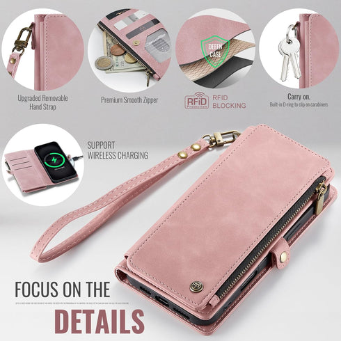 Defencase iPhone 13 Pro Max Wallet Case with RFID Blocking Card Holder, PU Leather Magnetic Snap Flip Zipper Strap
