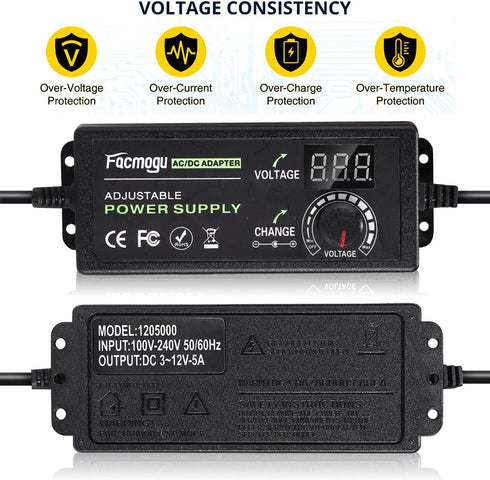Facmogu 3V-12V 5A 60W Adjustable Power Supply with LED Display, Universal AC/DC Adapter, 100V-240V AC to DC 3-12V