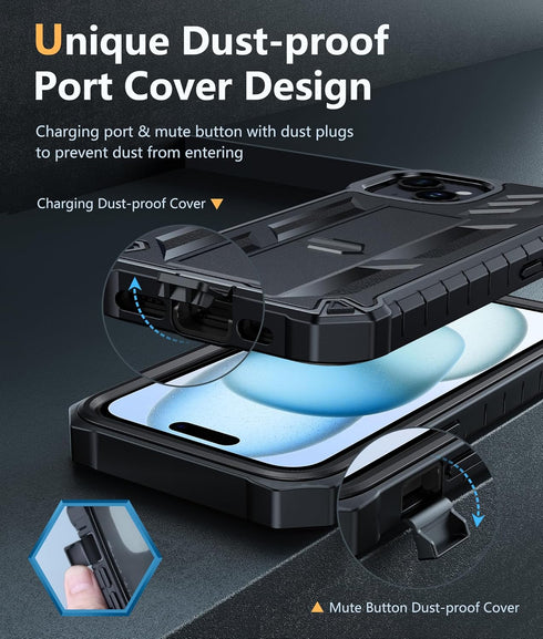 FNTCASE iPhone 15 Case: Rugged Black Dual Layer, Military Grade Shockproof, Kickstand, 6.1" Full Protection Cover.