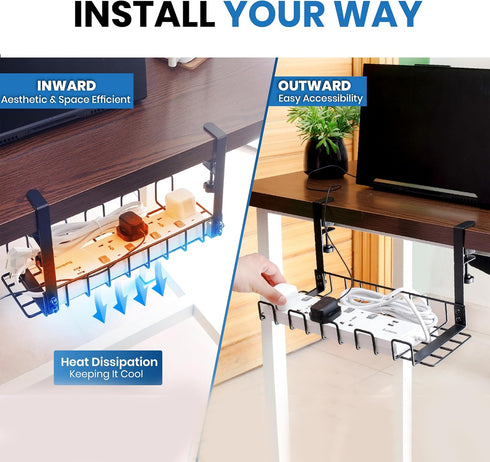 Under Desk Cable Management Tray - 16” No Drill Cord Organizer with Clamps for Wire Management, Pack of 1