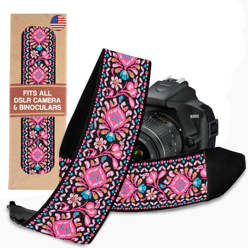 Art Tribute Pink Woven Camera Strap, Embroidered Elegant Universal Neck & Shoulder Strap for All DSLR and SLR Cameras,