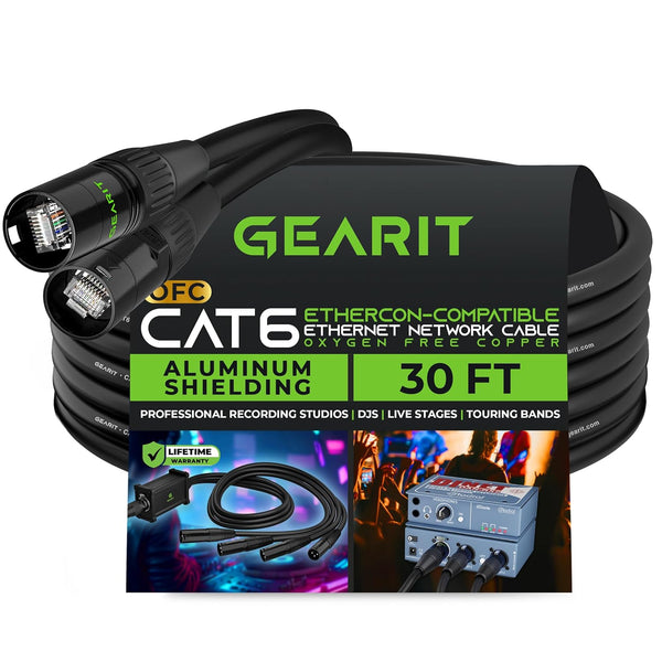 GearIT CAT6 Ethernet Cable, EtherCON-Compatible, 30 Feet, RJ45 Connectors for Pro Audio, Black