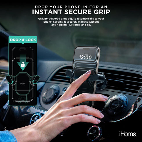 iHome 360 Universal Gravity Air Vent Phone Mount, Rotation, Adjustable Support, Stable Clip