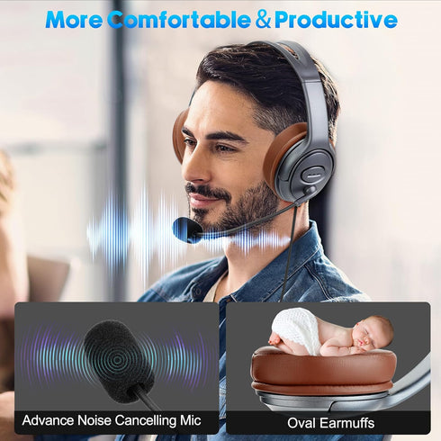 USB-C Over-Ear Noise-Canceling Headphones with Microphone & Volume Control, Long Cord for Laptops and Mobiles