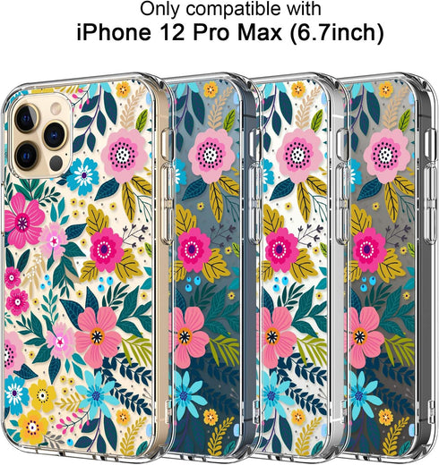 ICEDIO iPhone 12 Pro Max Case with Screen Protector, Clear with Cute Colorful Blooming Floral Patterns for Girls Women,