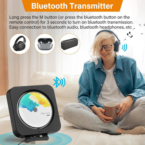 Portable CD Player with Bluetooth, Desktop Music Player with Remote Control, Supports CD/FM Radio/USB/AUX - Black