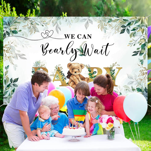 Tegeme Bear Baby Shower Backdrop, We Can Bearly Wait Watercolor Green Leaves Banner for Photography