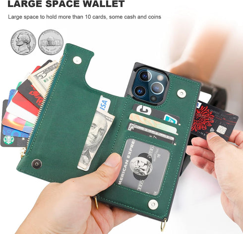 Bocasal Crossbody Wallet Case for iPhone 13 Pro Max, Green PU Leather Zipper Handbag with RFID Blocking Card Slot
