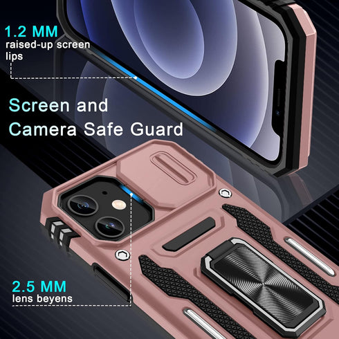 DEERLAMN iPhone 12/12 Pro Case - Rose Gold, Military Grade Shockproof, Slide Camera Cover, 2 Screen Protectors,