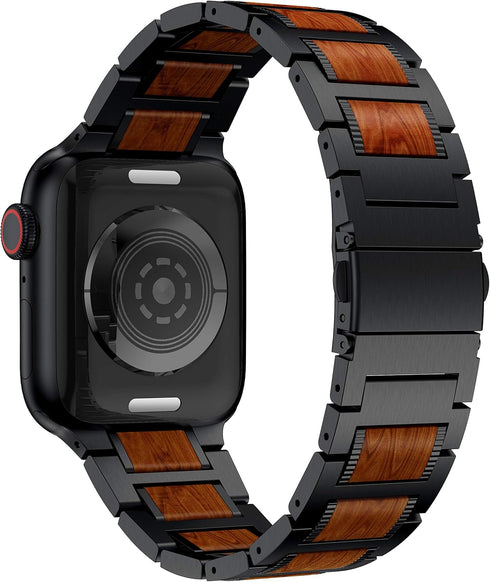 Compatible for Apple Watch Bands, Red Sandalwood Wood Stainless Steel Replacement Strap for 49mm-38mm