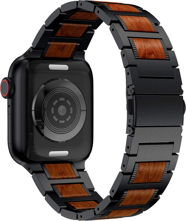 Compatible for Apple Watch Bands, Red Sandalwood Wood Stainless Steel Replacement Strap for 49mm-38mm