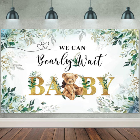Tegeme Bear Baby Shower Backdrop, We Can Bearly Wait Watercolor Green Leaves Banner for Photography