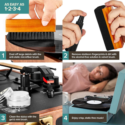 Stock Your Home 6 Piece Vinyl Record Cleaning Kit, Includes Cleaner Spray, Velvet Brush, and Duster Bag