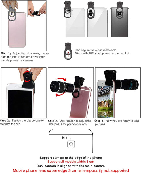 Cell Phone Camera Lens Kit, 11 in 1 Universal with 20x Telephoto Lens, Wide Angle, Macro, Fisheye, Tripod - Black