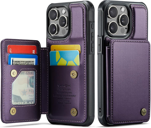 iPhone 15 Pro Max Case - Purple Wallet with Card Holder, RFID Blocking, Shockproof Kickstand for Men & Women. Durable!