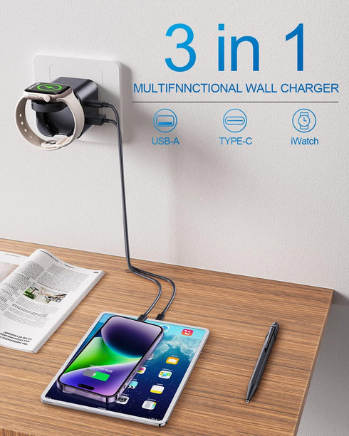 36W Apple Charging Block with Built-in Watch Charger, Foldable PD Fast Charger for iPhone, Dual Ports