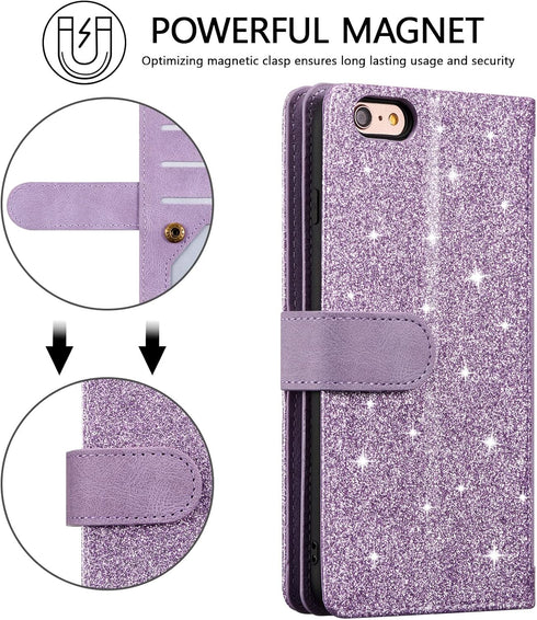 UEEBAI Wallet Case for iPhone 6 Plus & 6S Plus, Retro 9 Card Holder Slots with Zipper Pocket, Shockproof (Glitter