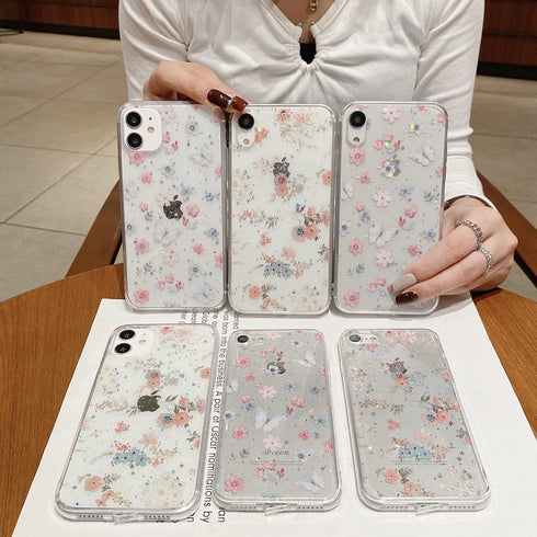 Compatible with iPhone XR, Cute Clear Sparkly Bling Star Flowers Pattern Soft Slim Fit Protective Cover, 6.1"