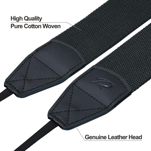 2" 2 Padwa Lifestyle Black Camera Strap - Wide Cotton Woven Genuine Leather Head Camera Straps,Complimentary Pcs Quick