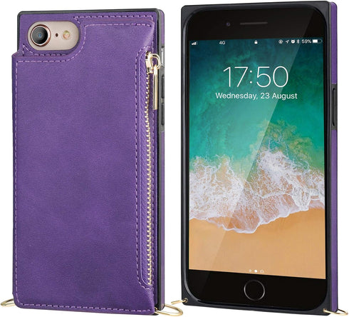Bocasal Crossbody Wallet Case for iPhone SE 2022/SE 2020/7/8, Card Holder, Zipper Slot, Shockproof Purse Cover (Purple)