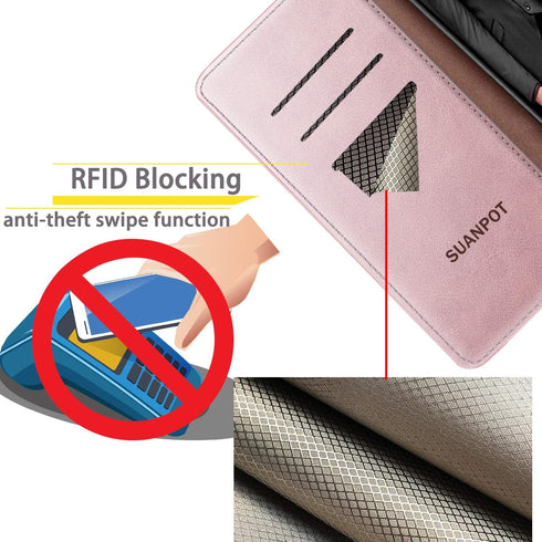 SUANPOT Leather Wallet Case for Samsung Galaxy A71 5G - RFID Credit Card Holder Flip Folio Cover - Shockproof Rose Gold