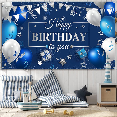 Sumind Happy Birthday Decorations Backdrop Banner, Navy Blue and Silver Party Decoration Sign for Men Women, 72.8 x