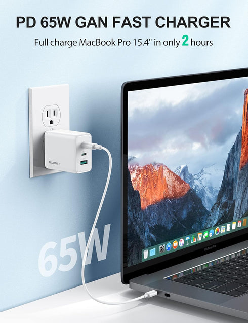 TECKNET 65W USB C Charger PD 3.0 GaN, Foldable Adapter with 3-Port Fast Wall Charger for iPhone 15 Pro Max/15