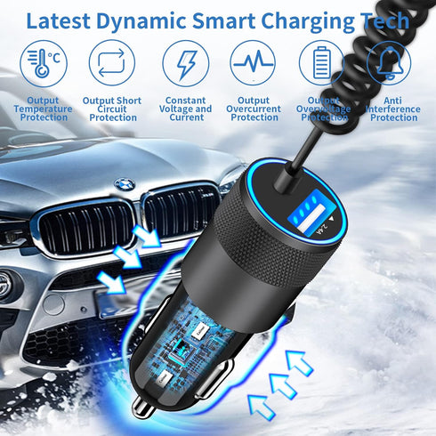 ?MFi Certified?Caiinei iPhone Fast Car Charger, 4.8A Dual USB Power Car Charger with 6FT Coiled Lightning Cable for