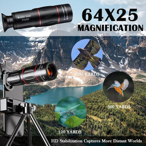 LXSMPWY 64X Zoom Mobile Phone Telephoto Lens with Tripod & Phone Clamp - HD FMC Monocular Lens for Long Distance
