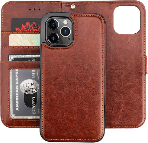 Bocasal Wallet Case for iPhone 12 Pro Max, Brown, with Card Holder, PU Leather, Magnetic Detachable Kickstand,