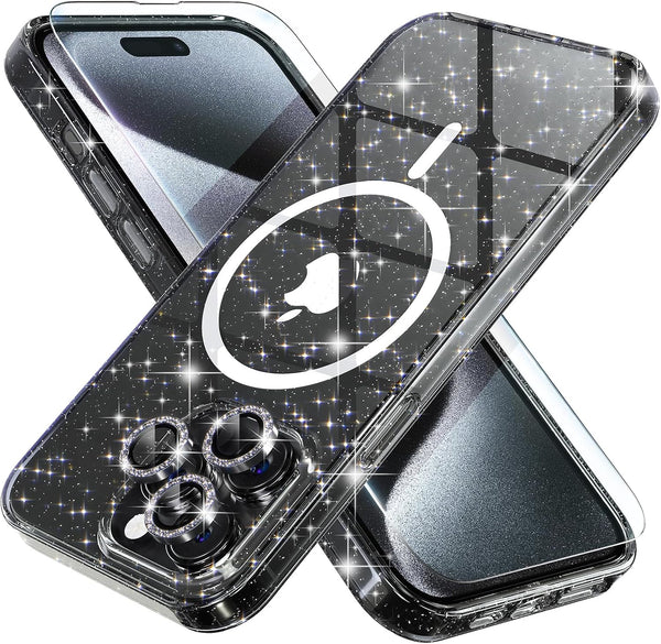 iPhone 15 Pro Case by Choiche, Clear Glitter Bling, MagSafe Compatible, includes 3x Diamond Lens Protectors & 2x Glass