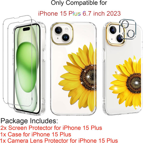 BAISRKE Clear Case Design for iPhone 15 Plus 6.7 inch, with 2 Pack Screen Protectors + 1 Pack Camera Lens Protector Slim Shockproof Women Cute Bumper Cover 6.7" 2023 (Sunflower)