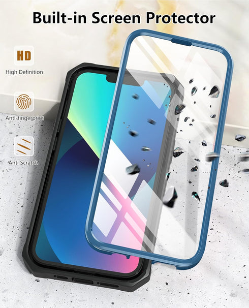Protective Case for iPhone 13/14, Heavy Duty Military Grade Cover with Built-in Kickstand, Durable Dual-Layer Blue
